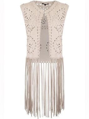 Alberto Makali White Suede Laser Cut Fringe Vest Top Boho Western Size M
